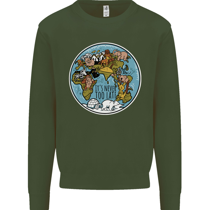 Climate Change It's Never Too Late Kids Sweatshirt Jumper Forest Green