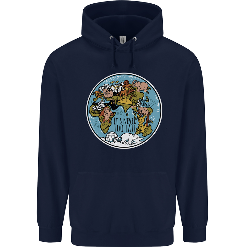 Climate Change It's Never Too Late Mens 80% Cotton Hoodie Navy Blue