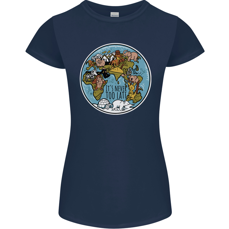 Climate Change It's Never Too Late Womens Petite Cut T-Shirt Navy Blue