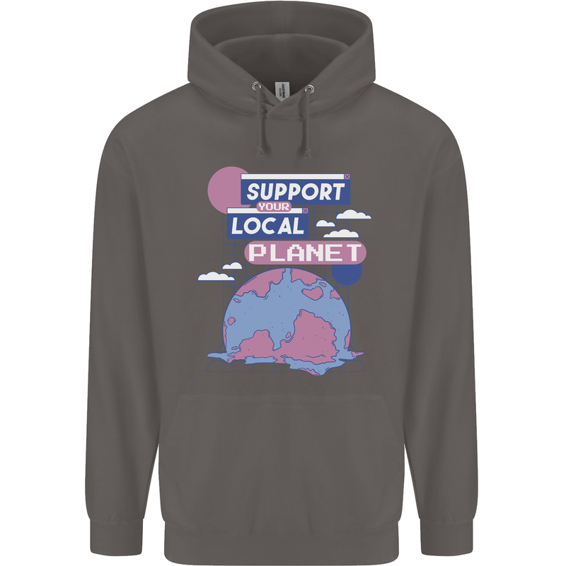 Climate Change Support Your Local Planet Mens 80% Cotton Hoodie Charcoal