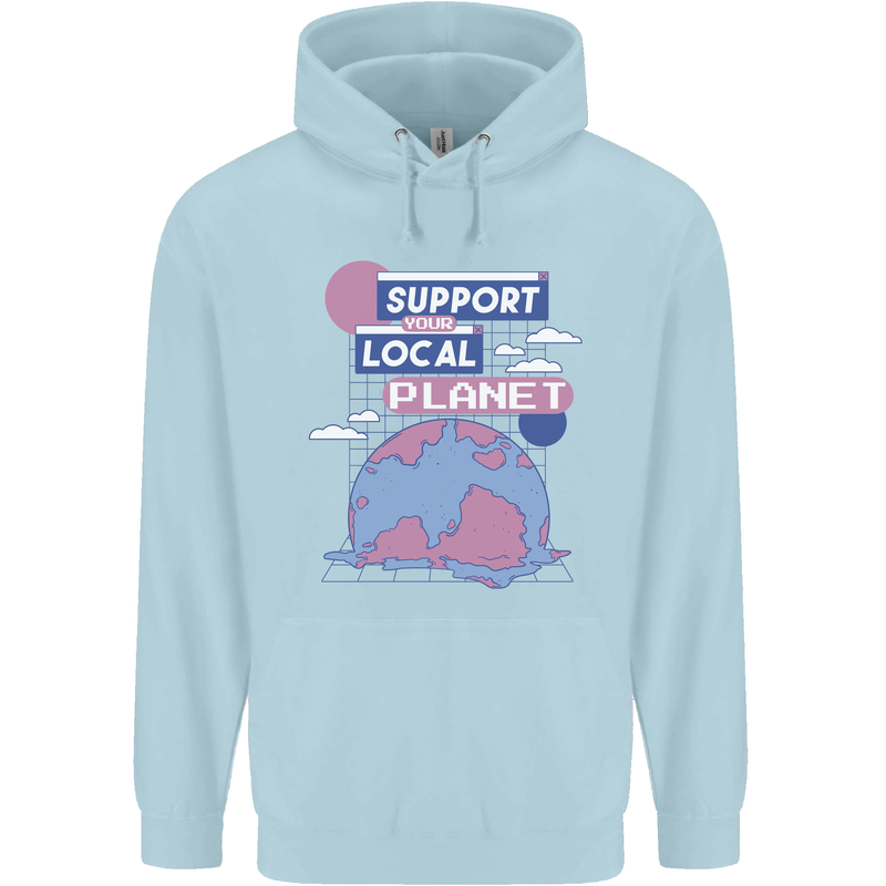 Climate Change Support Your Local Planet Mens 80% Cotton Hoodie Light Blue