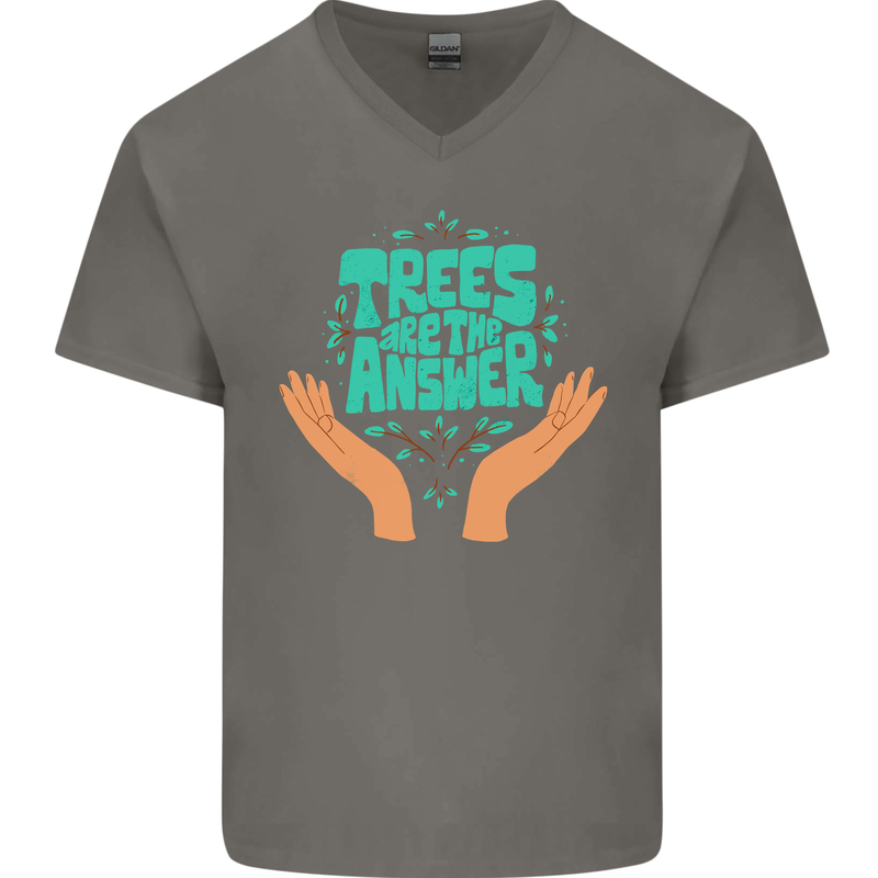 Climate Change Trees Are the Answer Mens V-Neck Cotton T-Shirt Charcoal