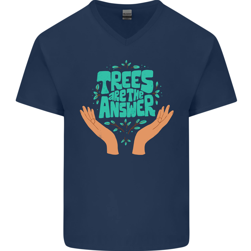 Climate Change Trees Are the Answer Mens V-Neck Cotton T-Shirt Navy Blue