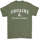 Cocaine and Protein Shakes Gym Drugs Funny Mens T-Shirt Cotton Gildan Military Green