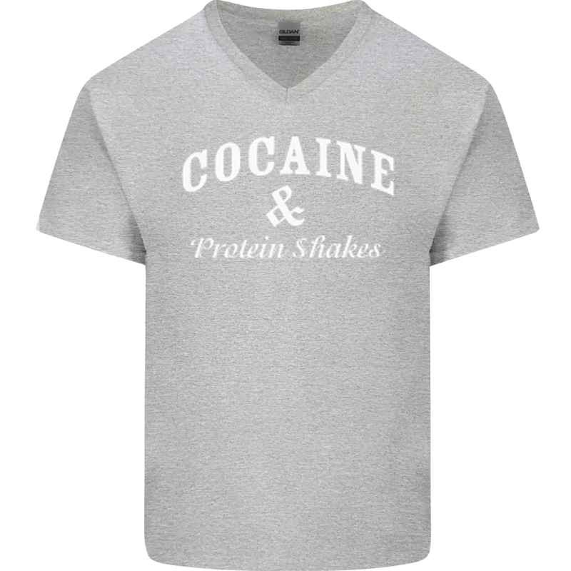 Cocaine and Protein Shakes Gym Drugs Funny Mens V-Neck Cotton T-Shirt Sports Grey