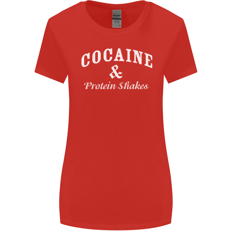 Cocaine and Protein Shakes Gym Drugs Funny Womens Wider Cut T-Shirt Red