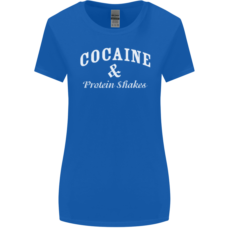 Cocaine and Protein Shakes Gym Drugs Funny Womens Wider Cut T-Shirt Royal Blue