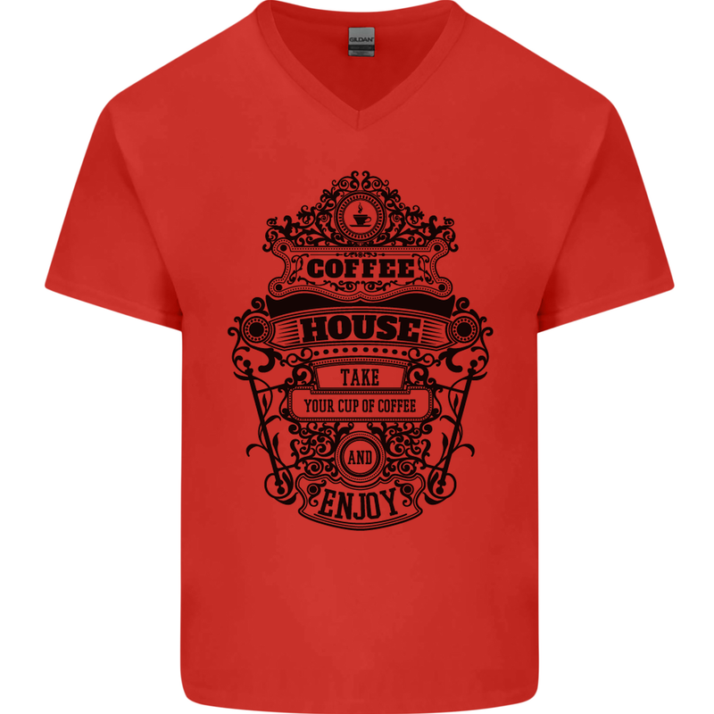 Coffee House Mens V-Neck Cotton T-Shirt Red