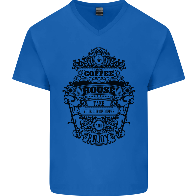 Coffee House Mens V-Neck Cotton T-Shirt Royal Blue