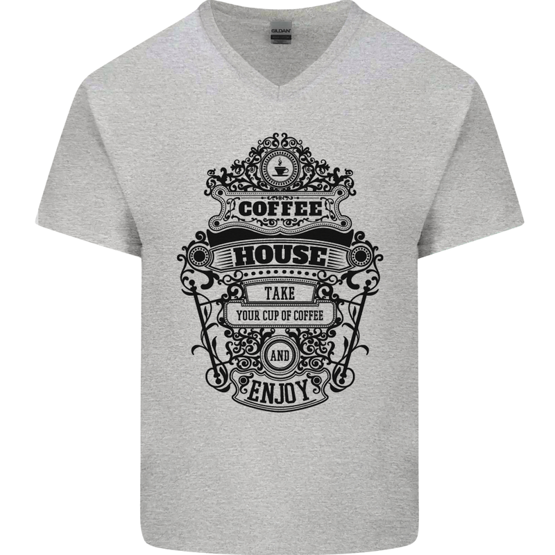 Coffee House Mens V-Neck Cotton T-Shirt Sports Grey