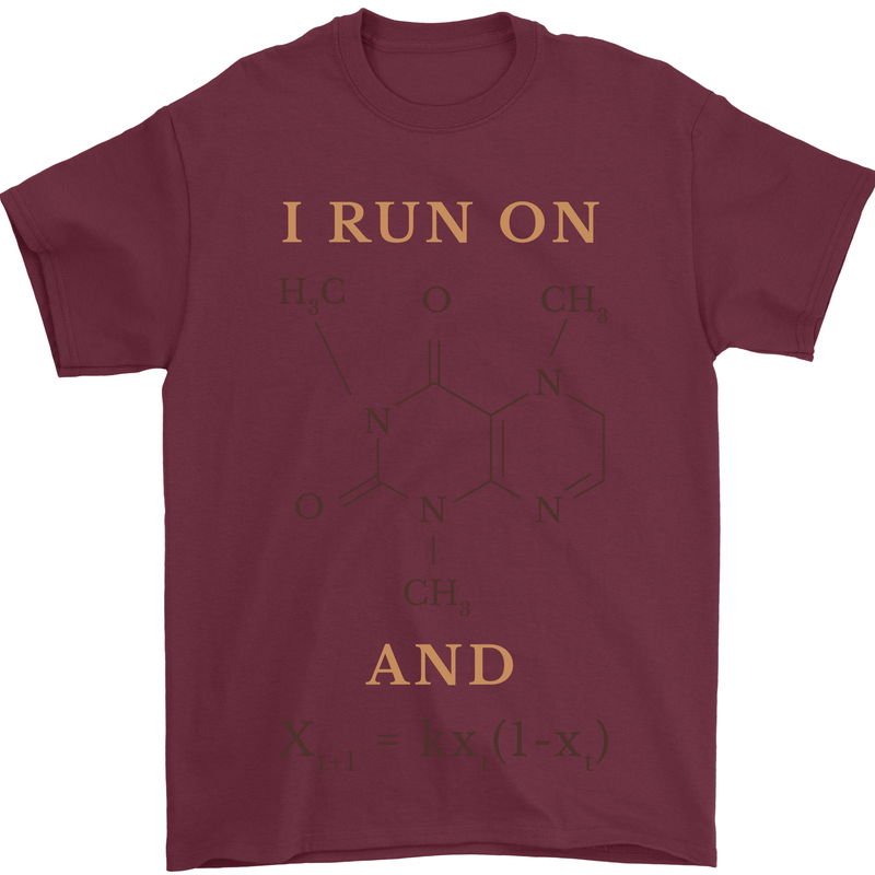 Coffee I Run On Caffeine and Chaos Funny Mens T-Shirt Cotton Gildan Maroon