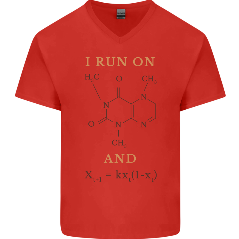 Coffee I Run On Caffeine and Chaos Funny Mens V-Neck Cotton T-Shirt Red