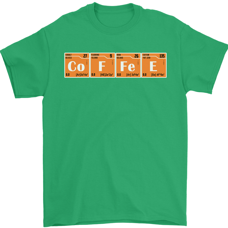 Coffee Periodic Table Chemistry Geek Funny Mens T-Shirt Cotton Gildan Irish Green