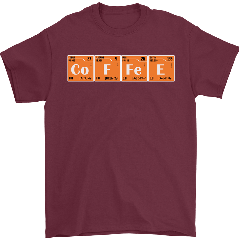 Coffee Periodic Table Chemistry Geek Funny Mens T-Shirt Cotton Gildan Maroon