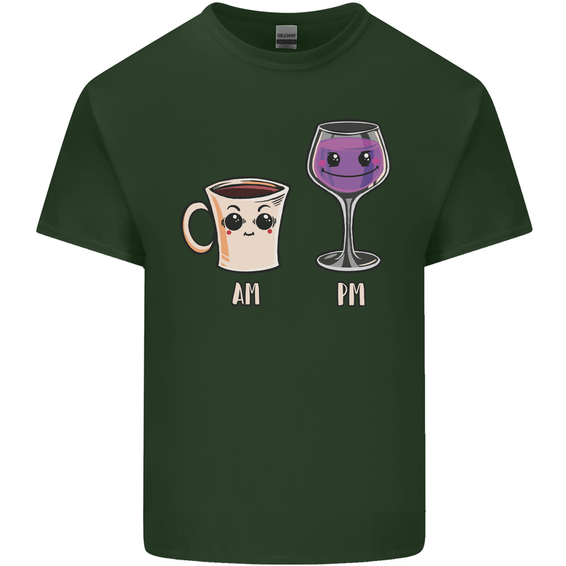 Coffee am Wine pm Funny Alcohol Prosecco Mens Cotton T-Shirt Tee Top Forest Green