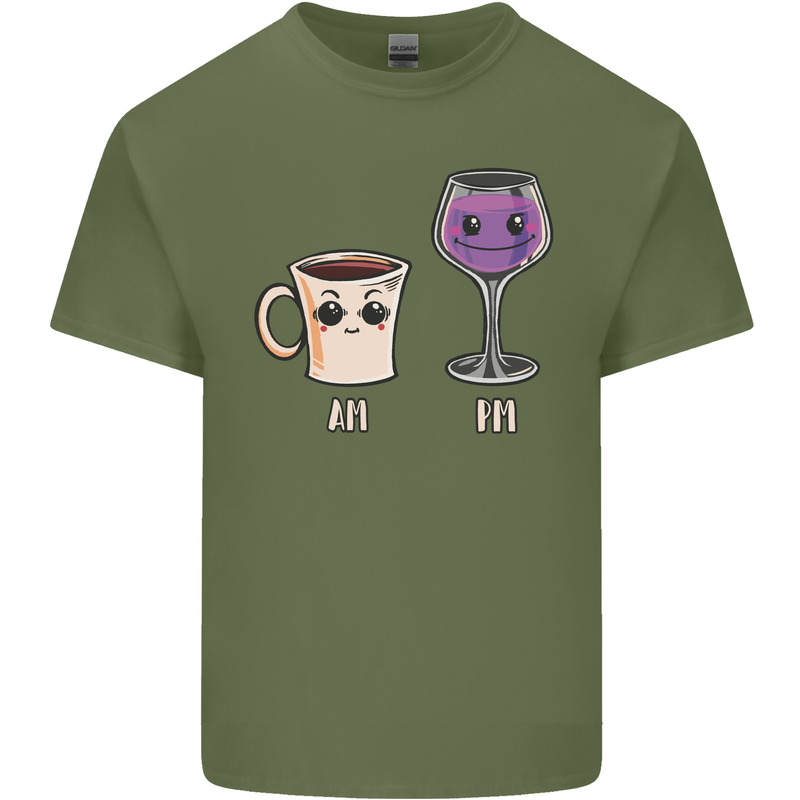 Coffee am Wine pm Funny Alcohol Prosecco Mens Cotton T-Shirt Tee Top Military Green
