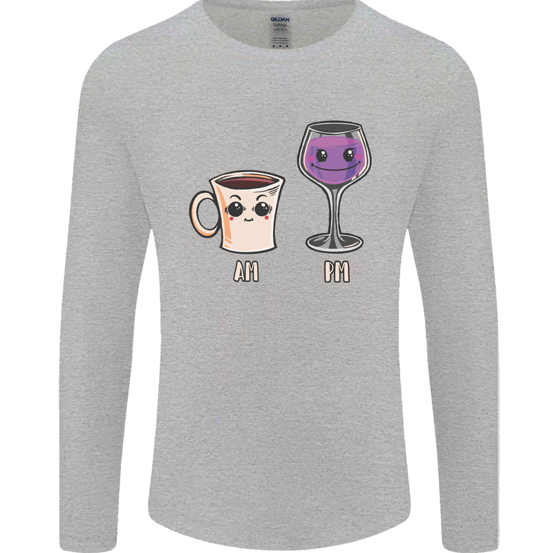 Coffee am Wine pm Funny Alcohol Prosecco Mens Long Sleeve T-Shirt Sports Grey