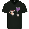 Coffee am Wine pm Funny Alcohol Prosecco Mens V-Neck Cotton T-Shirt Black