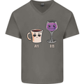 Coffee am Wine pm Funny Alcohol Prosecco Mens V-Neck Cotton T-Shirt Charcoal