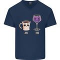 Coffee am Wine pm Funny Alcohol Prosecco Mens V-Neck Cotton T-Shirt Navy Blue