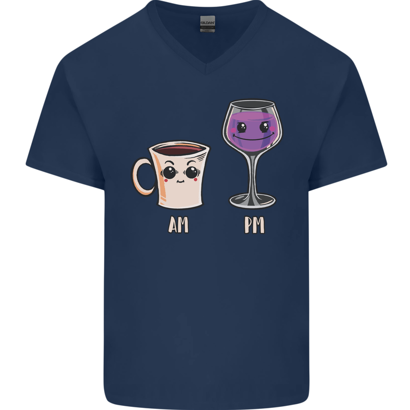 Coffee am Wine pm Funny Alcohol Prosecco Mens V-Neck Cotton T-Shirt Navy Blue