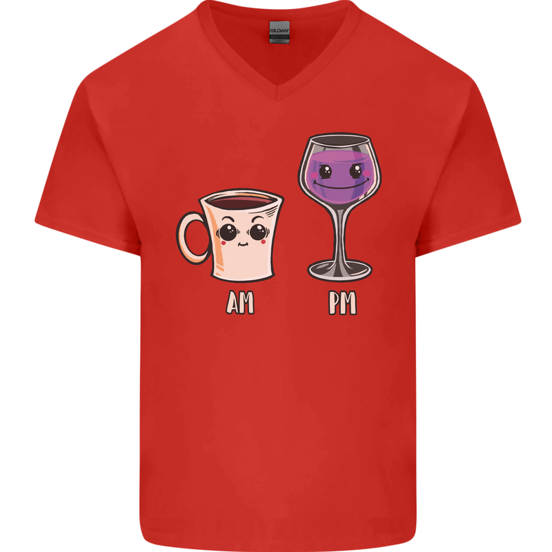 Coffee am Wine pm Funny Alcohol Prosecco Mens V-Neck Cotton T-Shirt Red