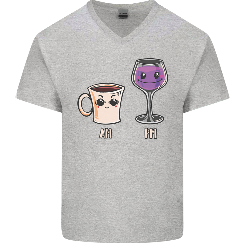 Coffee am Wine pm Funny Alcohol Prosecco Mens V-Neck Cotton T-Shirt Sports Grey
