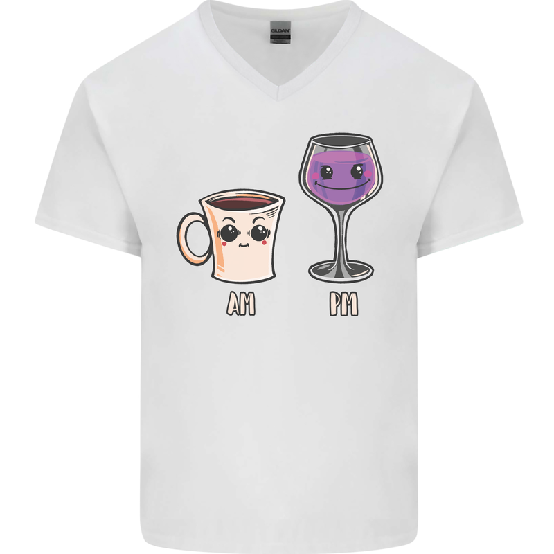 Coffee am Wine pm Funny Alcohol Prosecco Mens V-Neck Cotton T-Shirt White