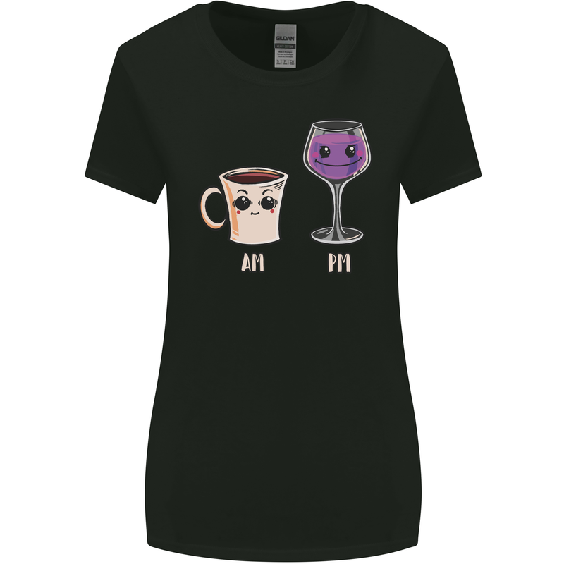 Coffee am Wine pm Funny Alcohol Prosecco Womens Wider Cut T-Shirt Black
