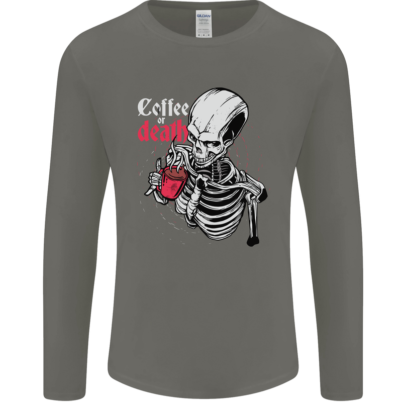 Coffee or Death Skull Mens Long Sleeve T-Shirt Charcoal