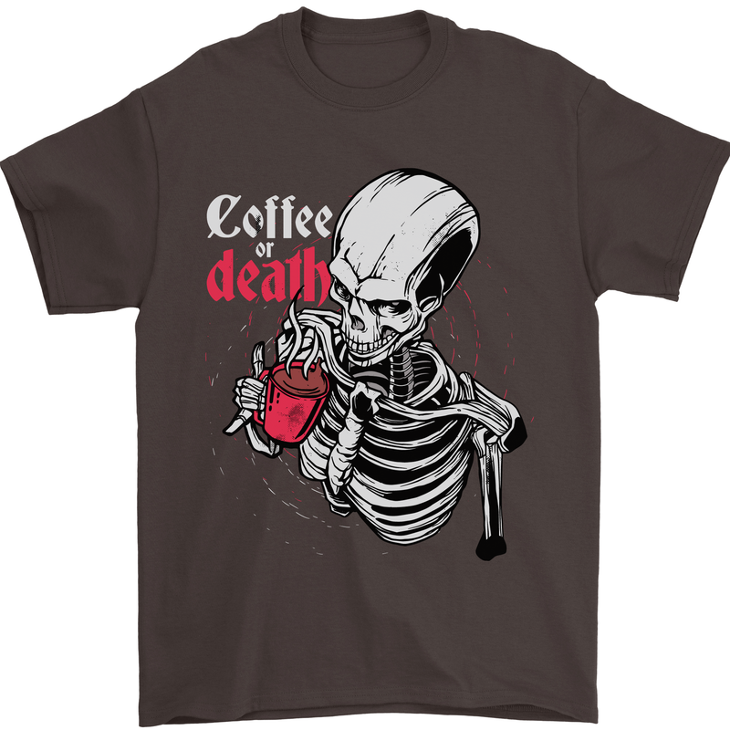 Coffee or Death Skull Mens T-Shirt Cotton Gildan Dark Chocolate