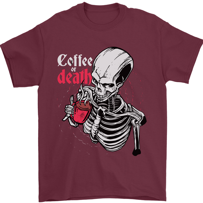 Coffee or Death Skull Mens T-Shirt Cotton Gildan Maroon