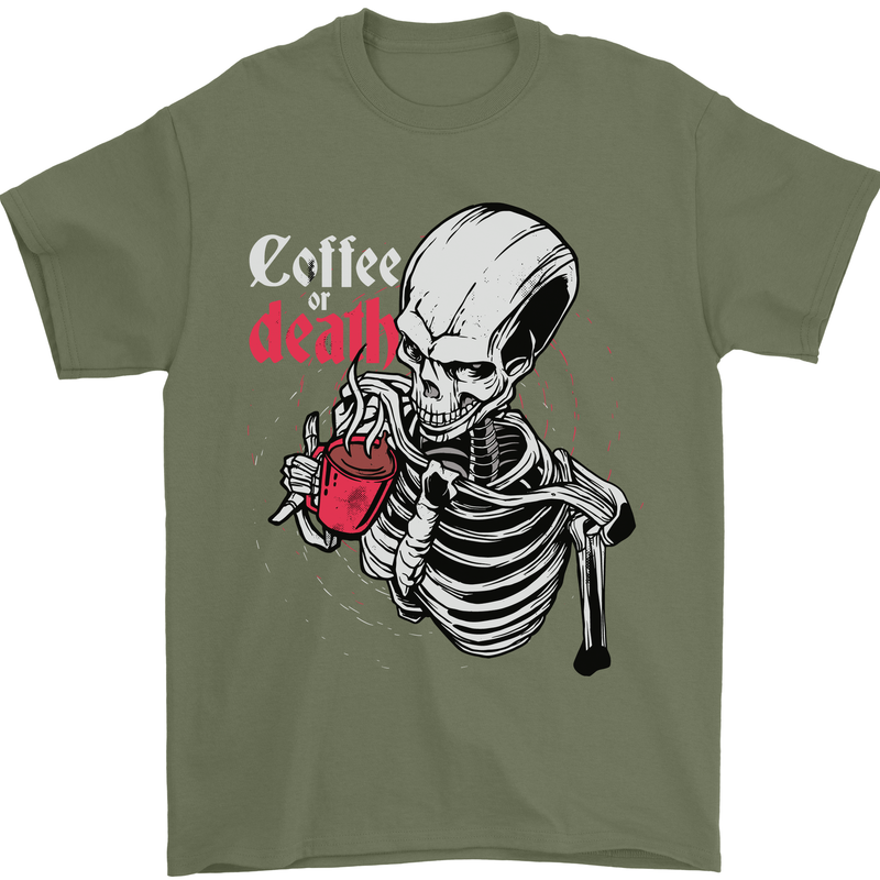 Coffee or Death Skull Mens T-Shirt Cotton Gildan Military Green