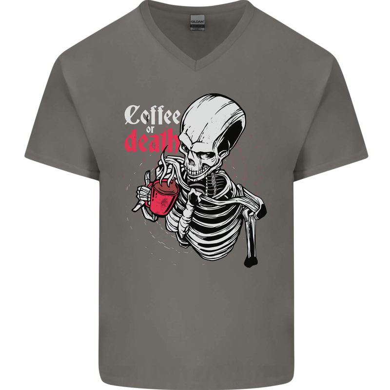 Coffee or Death Skull Mens V-Neck Cotton T-Shirt Charcoal