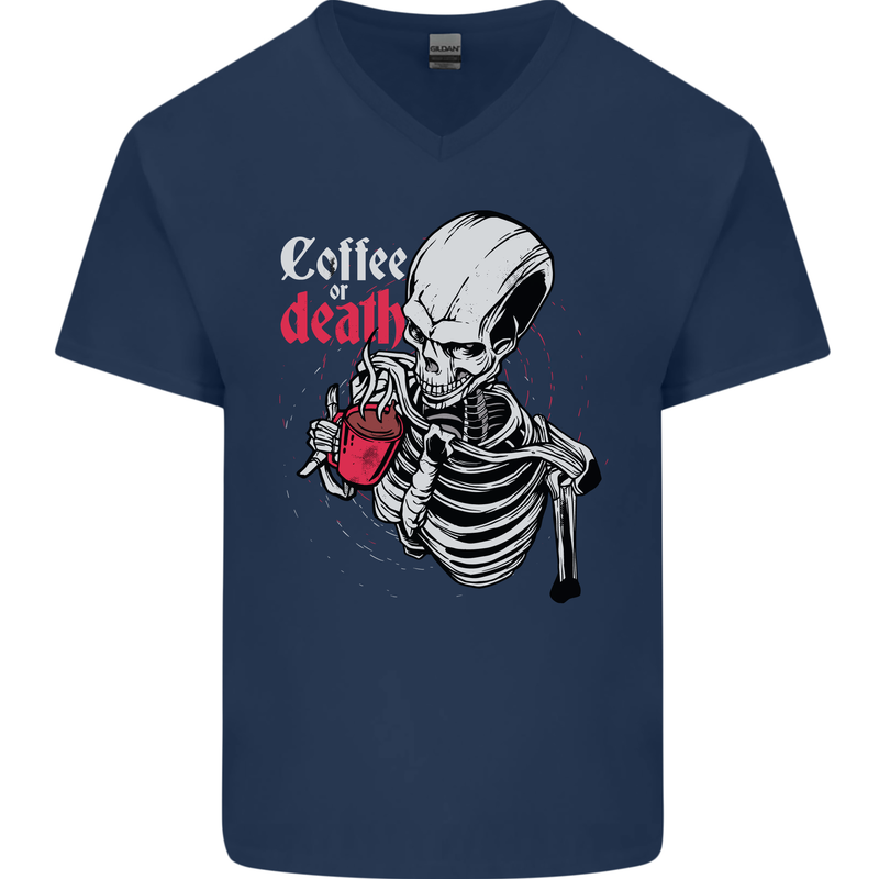 Coffee or Death Skull Mens V-Neck Cotton T-Shirt Navy Blue
