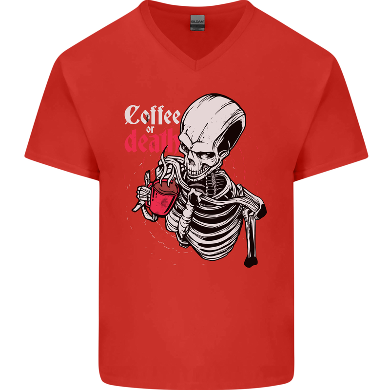 Coffee or Death Skull Mens V-Neck Cotton T-Shirt Red