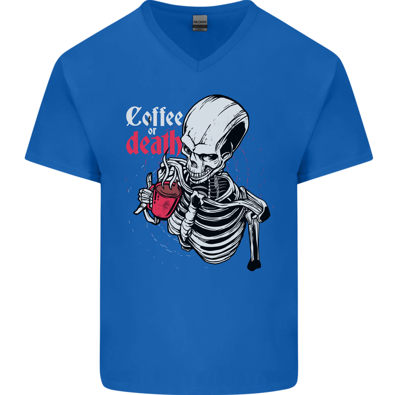 Coffee or Death Skull Mens V-Neck Cotton T-Shirt Royal Blue