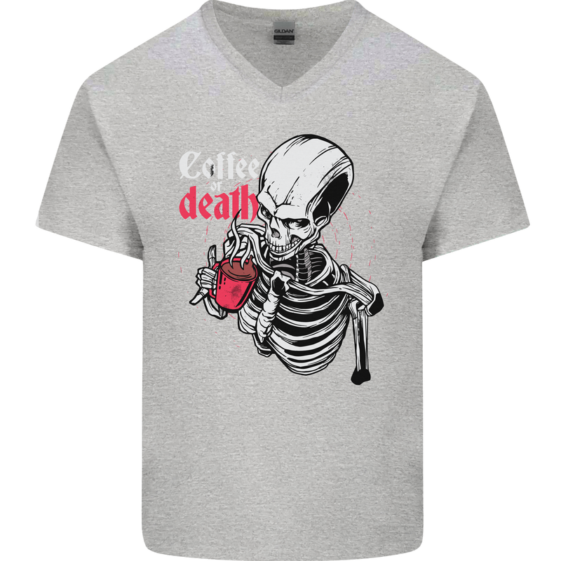 Coffee or Death Skull Mens V-Neck Cotton T-Shirt Sports Grey