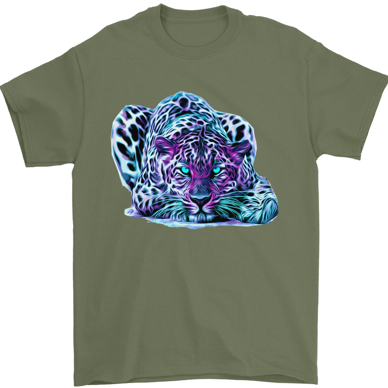 Cololurful Leopard Wild Cat Panther Mens T-Shirt Cotton Gildan Military Green