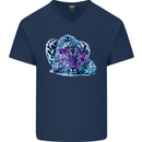 Cololurful Leopard Wild Cat Panther Mens V-Neck Cotton T-Shirt Navy Blue