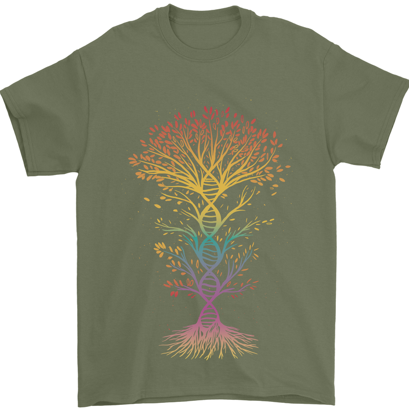 Colourful DNA Tree Biology Science Mens T-Shirt Cotton Gildan Military Green