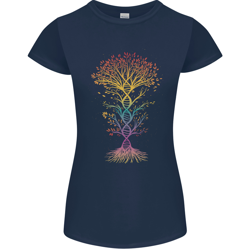 Colourful DNA Tree Biology Science Womens Petite Cut T-Shirt Navy Blue
