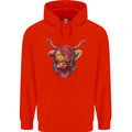 Colourful Highland Cow Childrens Kids Hoodie Bright Red
