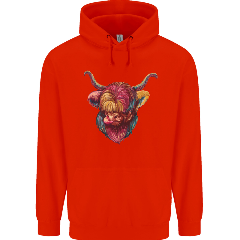 Colourful Highland Cow Childrens Kids Hoodie Bright Red