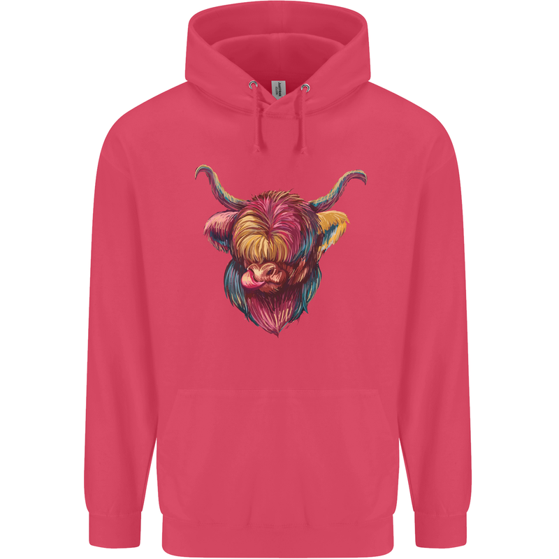 Colourful Highland Cow Childrens Kids Hoodie Heliconia