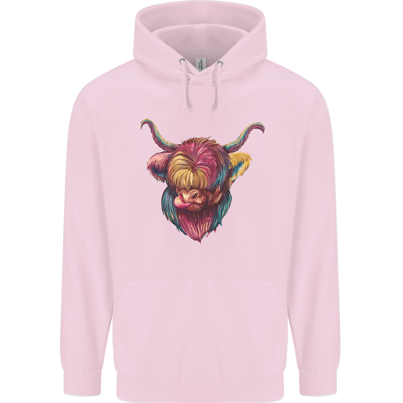Colourful Highland Cow Childrens Kids Hoodie Light Pink