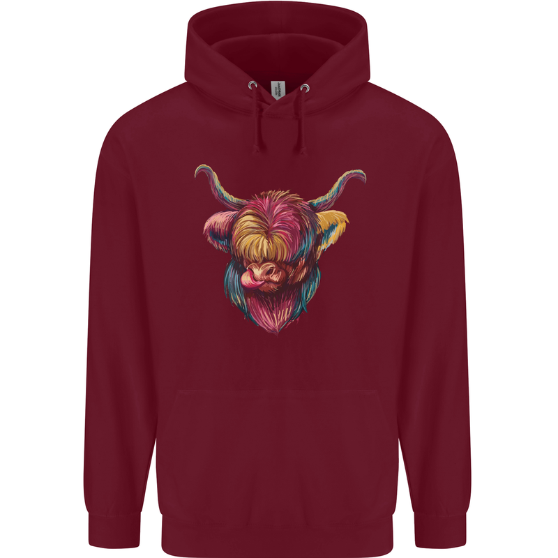 Colourful Highland Cow Childrens Kids Hoodie Maroon