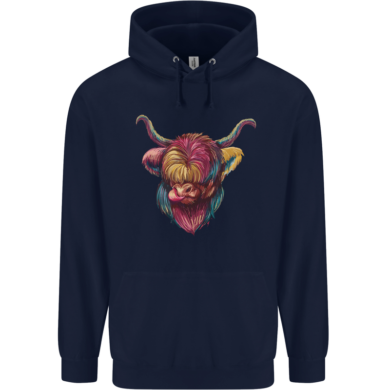 Colourful Highland Cow Childrens Kids Hoodie Navy Blue