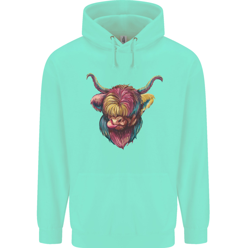 Colourful Highland Cow Childrens Kids Hoodie Peppermint