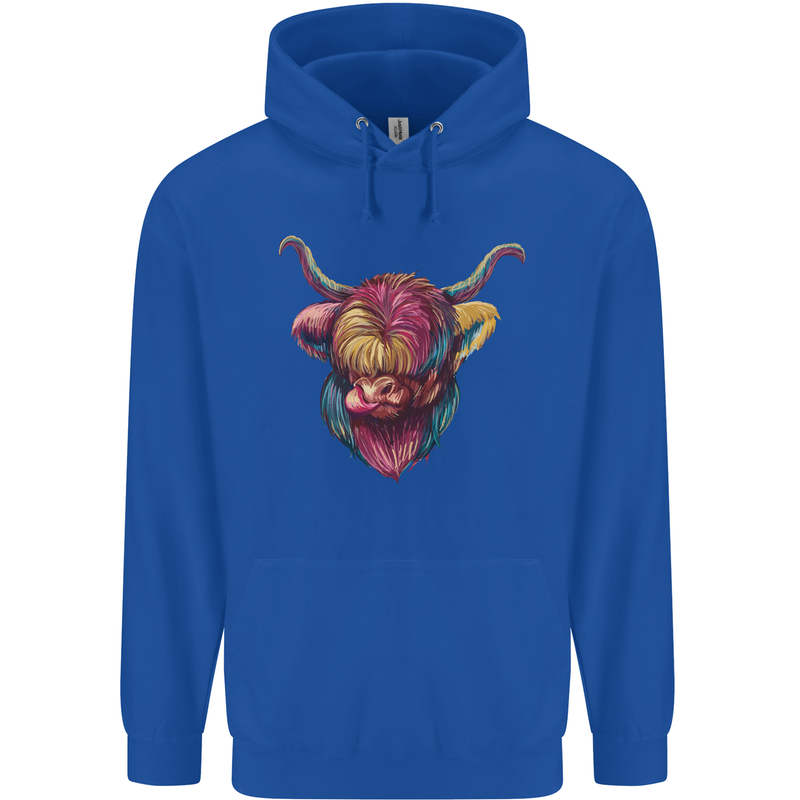 Colourful Highland Cow Childrens Kids Hoodie Royal Blue